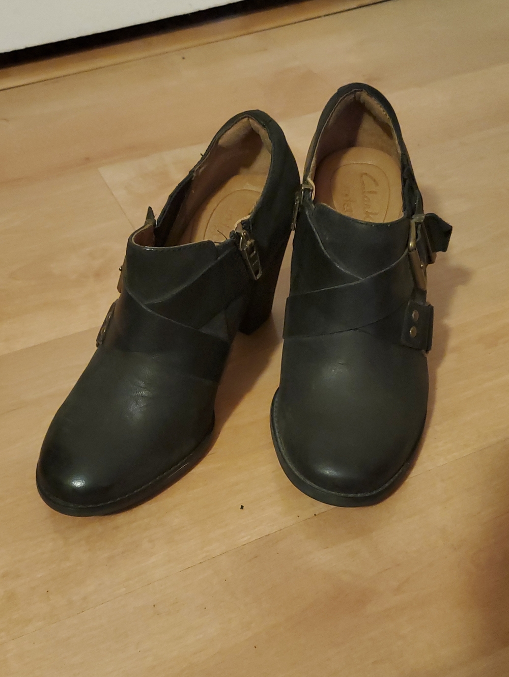 Clarks Women's Black Leather Buckle Heeled Ankle Shoes